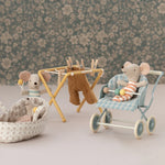 Maileg Baby mice getting up to mischief with the yellow drying rack | Miniature Dollhouse Furniture