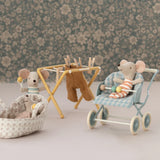 Maileg Baby mice getting up to mischief with the yellow drying rack | Miniature Dollhouse Furniture