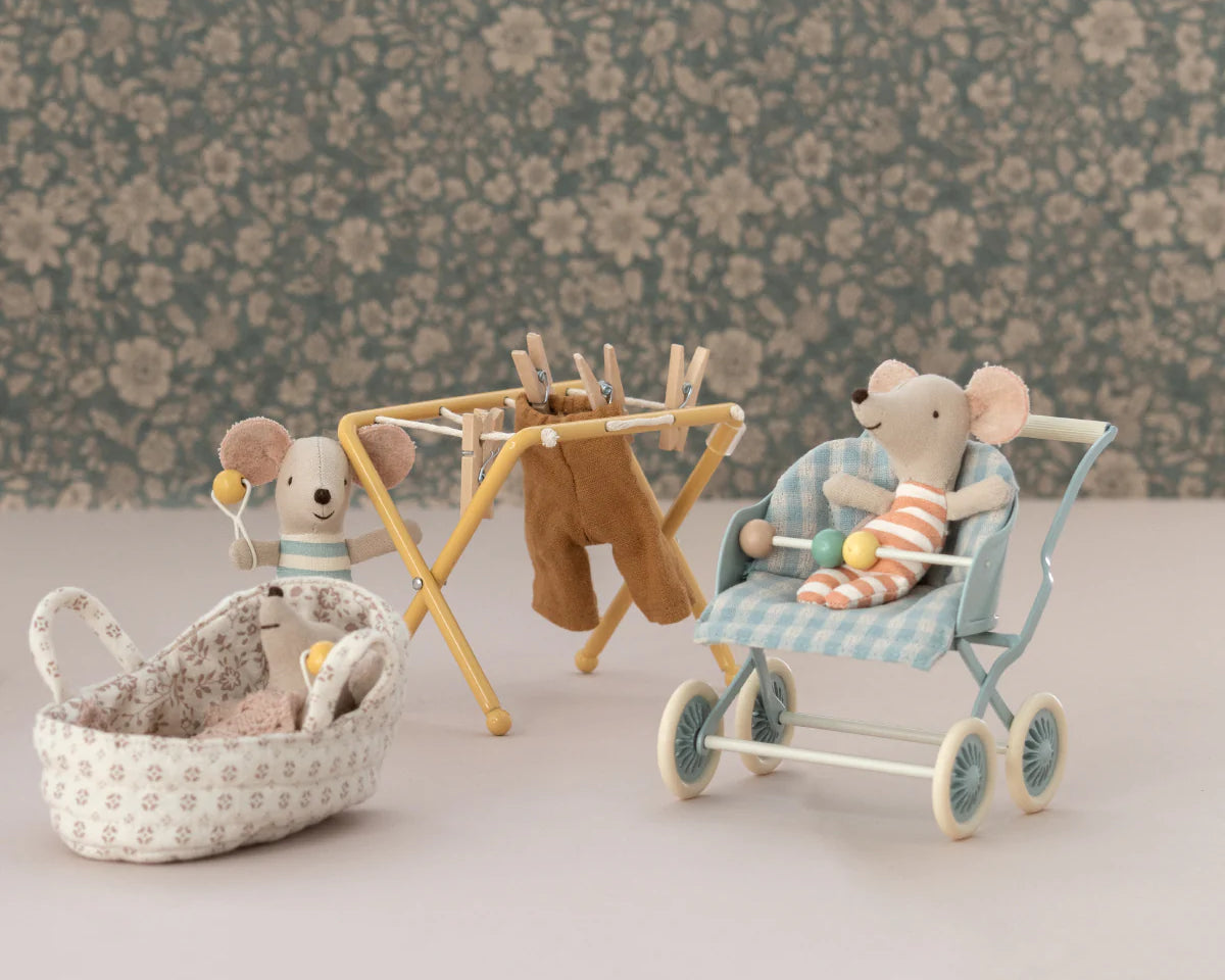 Maileg Baby mice getting up to mischief with the yellow drying rack | Miniature Dollhouse Furniture