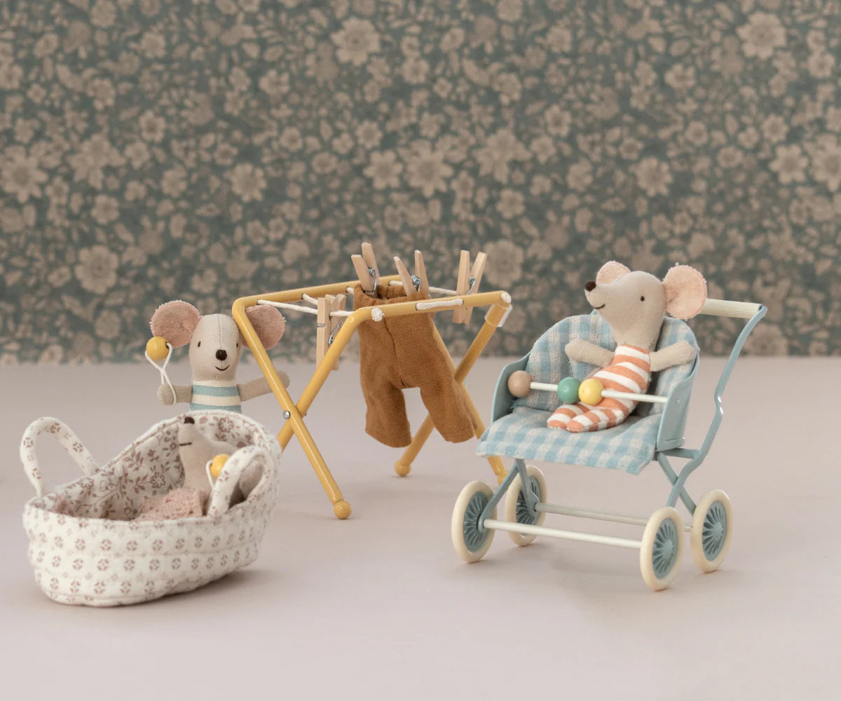 Maileg Baby mice getting up to mischief with the yellow drying rack | Miniature Dollhouse Furniture