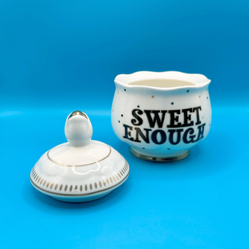 Sugar bowl shown with lid off you can see  the gold detailing on the lid and base of the bone china yvonne ellen pot. perfect for sugar lumps at your next tea party