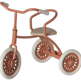 Maileg Coral tricycle with wooden seat and cream handles and wheels, a collectable heirloom toy