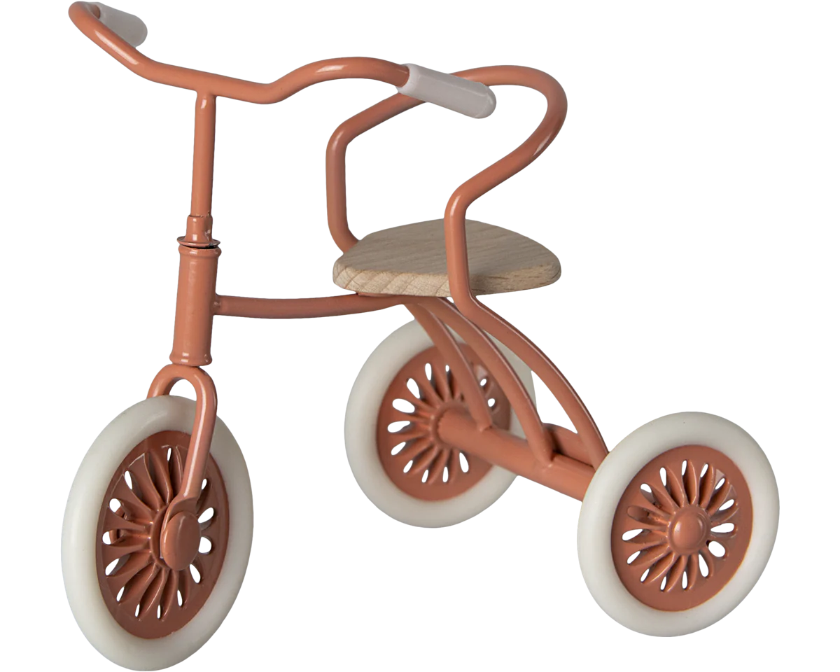 Maileg Coral tricycle with wooden seat and cream handles and wheels, a collectable heirloom toy