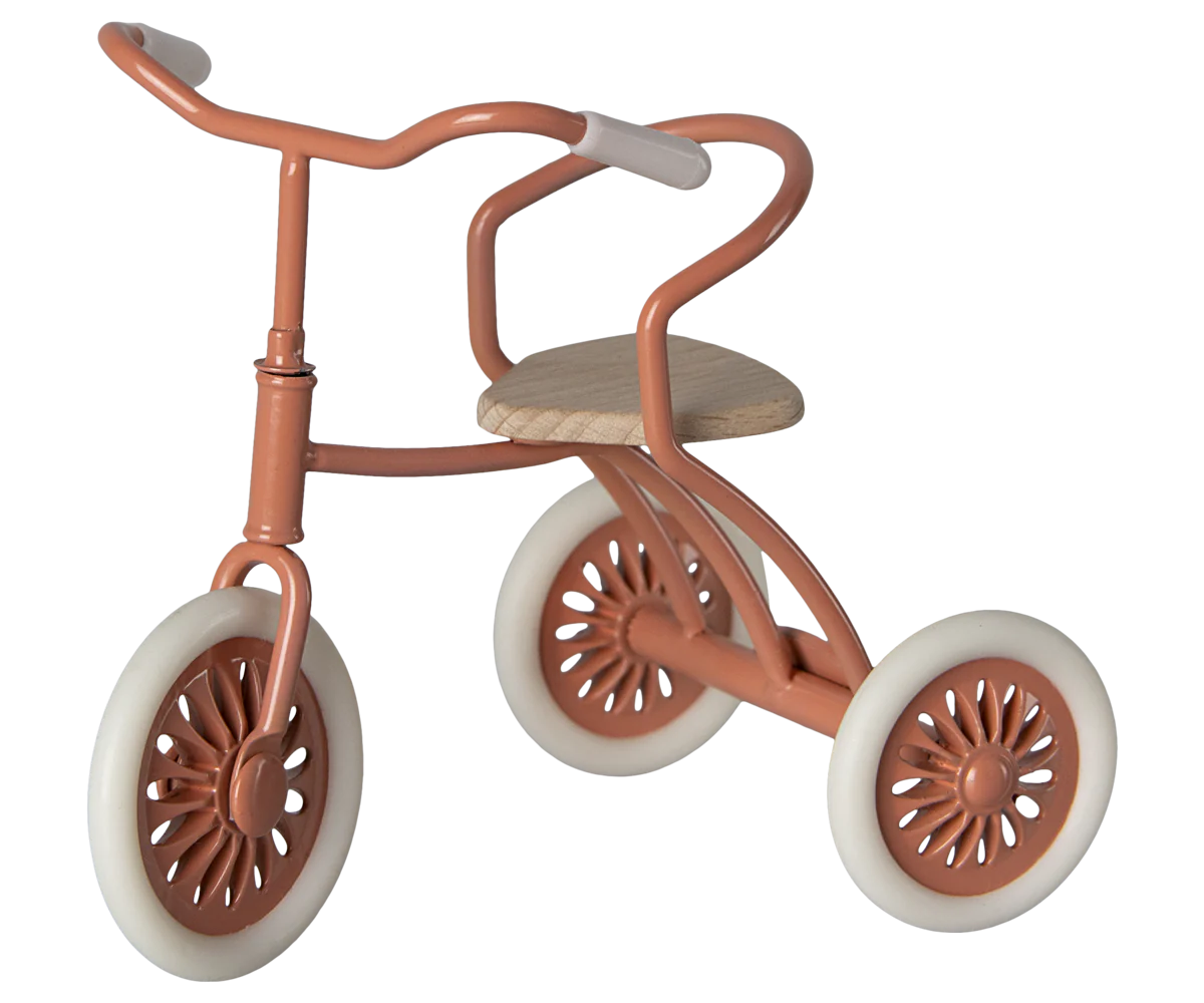 Maileg Coral tricycle with wooden seat and cream handles and wheels, a collectable heirloom toy