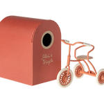 Maileg Coral Tricycle with its hanger storage box, cream handles and wheels and a wooden seat for your mouse to sit on