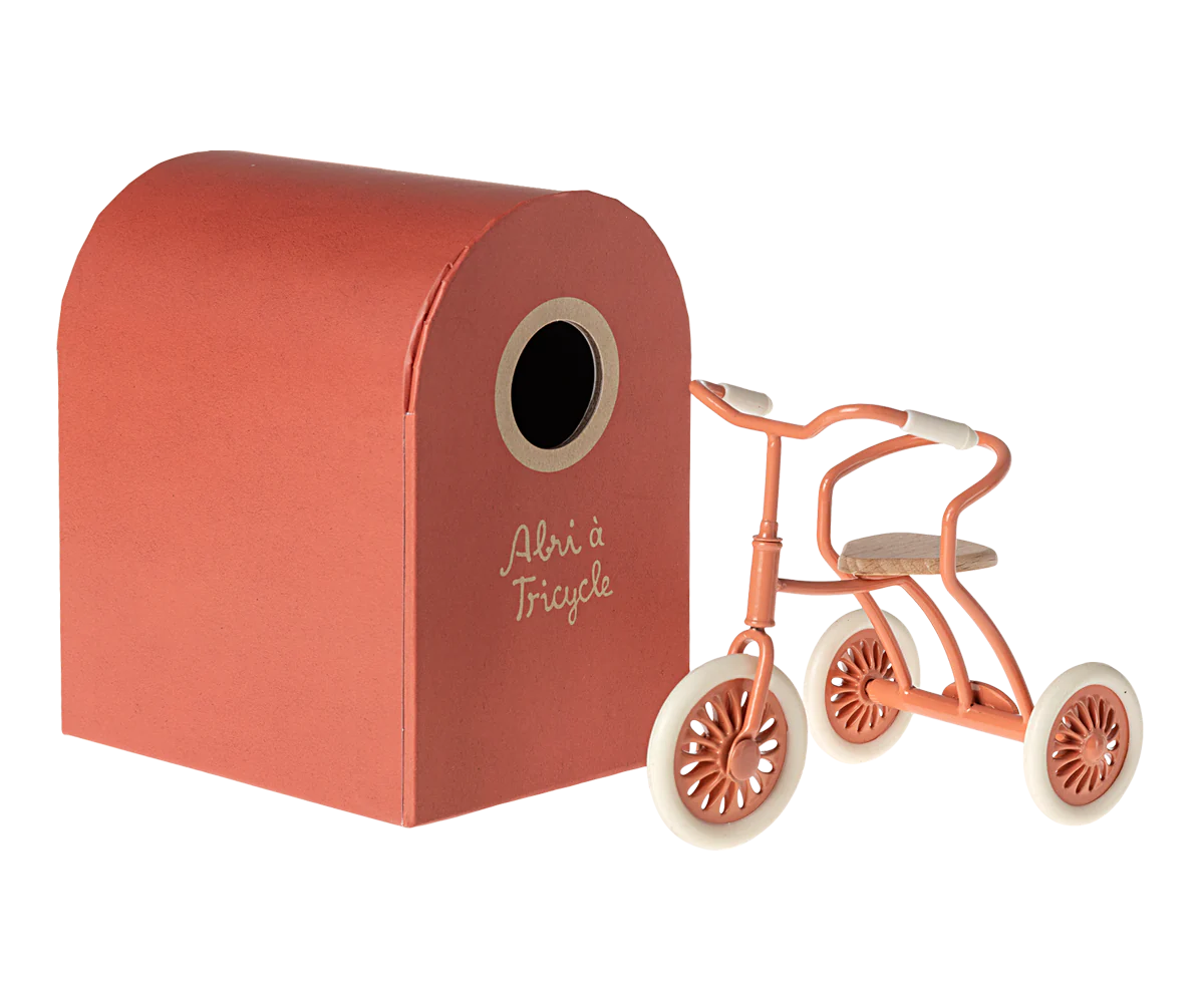 Maileg Coral Tricycle with its hanger storage box, cream handles and wheels and a wooden seat for your mouse to sit on