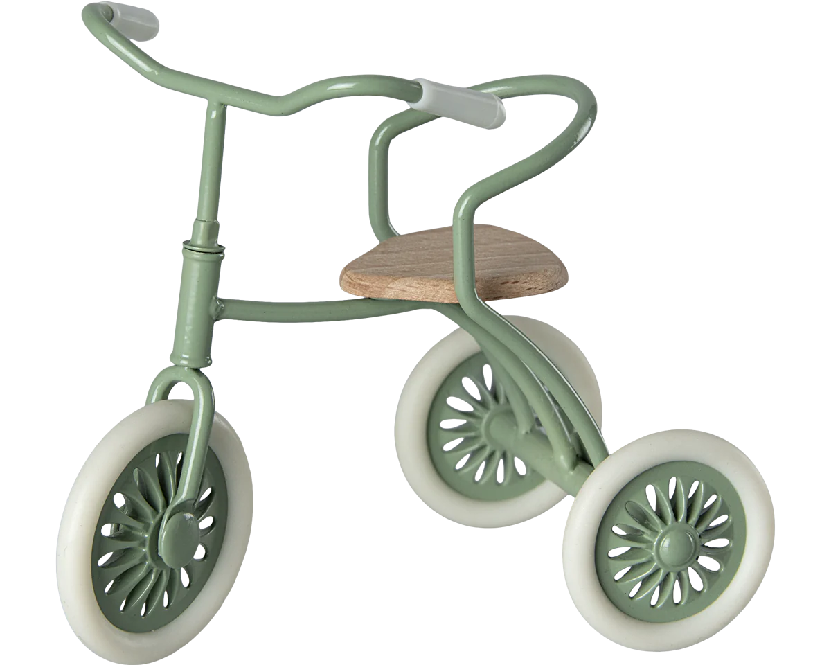 metal green maileg tricycle with wooden seat | dollhouse miniature