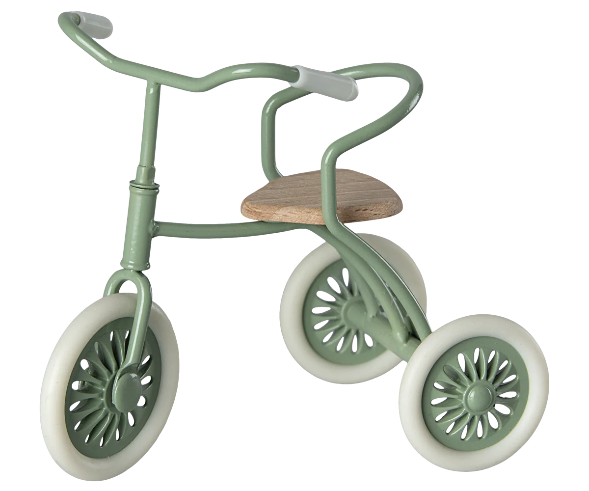 metal green maileg tricycle with wooden seat | dollhouse miniature