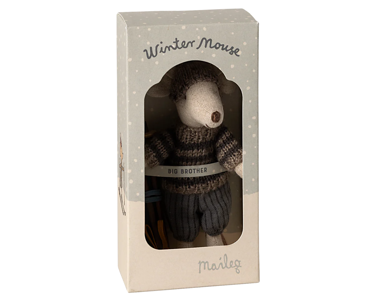 Maileg Winter mouse with ski set, Big brother - Grey