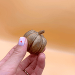 Hand holding a small brown gourd against a blurred orange background