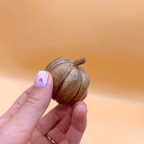 Hand holding a small brown gourd against a blurred orange background